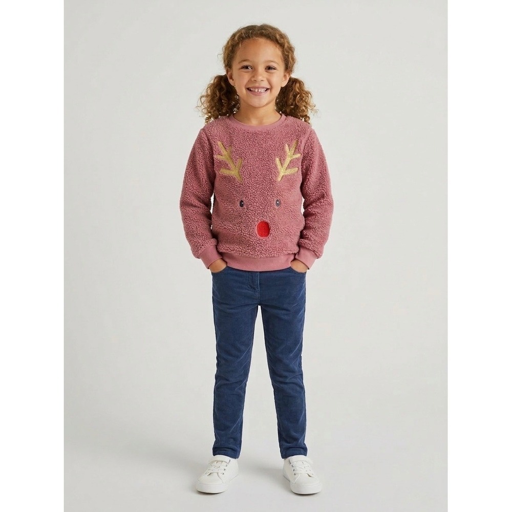 Mini Boden Girls Reindeer Sherpa Fleece Sweatshirt Pink Gold Glitter 7-8Y 128cm